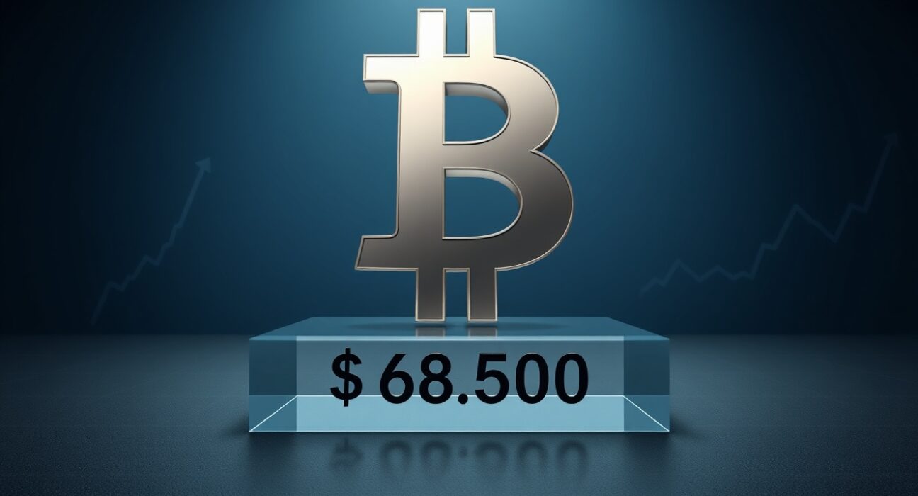 Bitcoin symbol positioned on a $68,500 support platform in a financial analysis context.