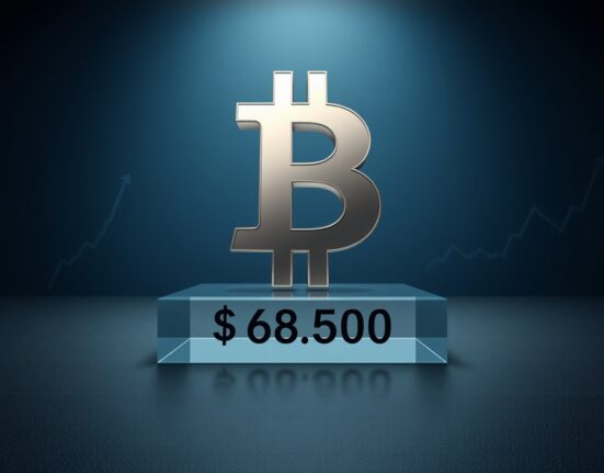 Bitcoin symbol positioned on a $68,500 support platform in a financial analysis context.