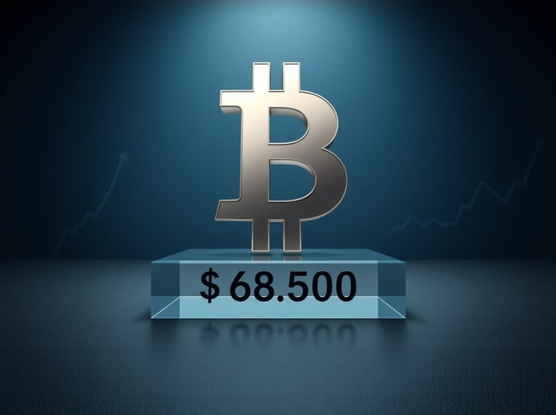 Bitcoin symbol positioned on a $68,500 support platform in a financial analysis context.
