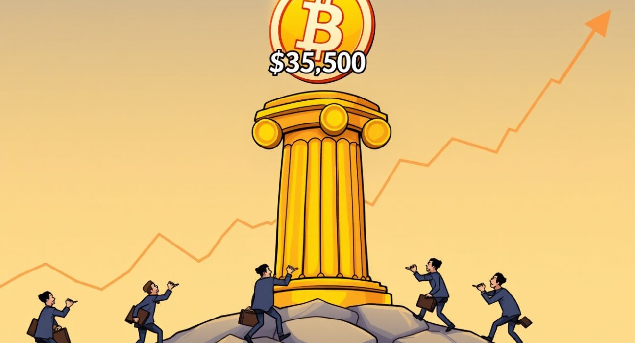 A vibrant cartoon illustrating the strong Bitcoin support level at $85,500 holding firm against market forces.