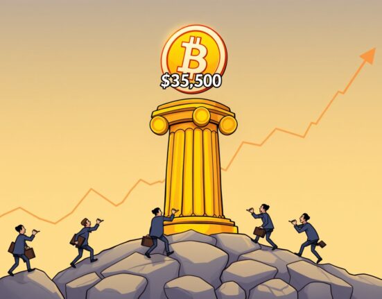 A vibrant cartoon illustrating the strong Bitcoin support level at $85,500 holding firm against market forces.