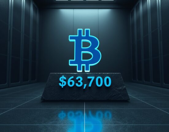 Bitcoin symbol resting on a $63,700 support platform representing the key investor cost basis level.