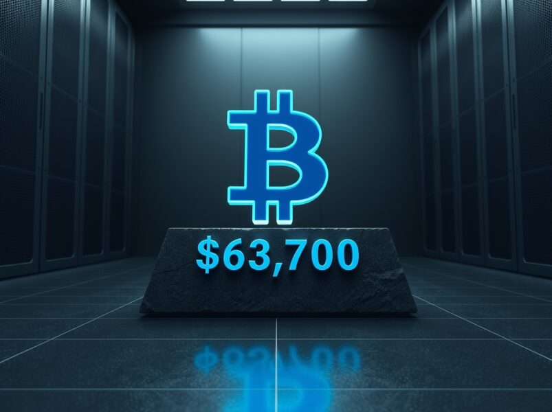 Bitcoin symbol resting on a $63,700 support platform representing the key investor cost basis level.