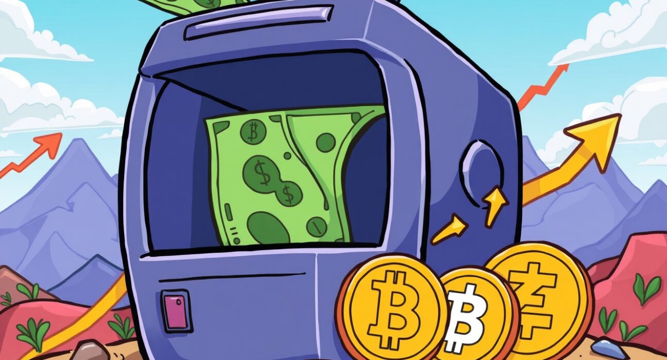 Bitcoin surge prediction illustrated through growing cryptocurrency coins amid money printing scenario