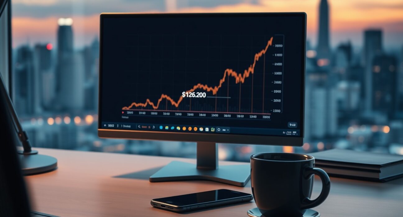 Bitcoin price chart on a monitor in a professional financial analysis setting.