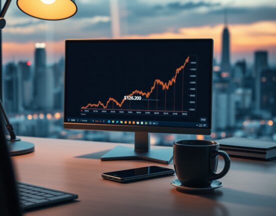 Bitcoin price chart on a monitor in a professional financial analysis setting.