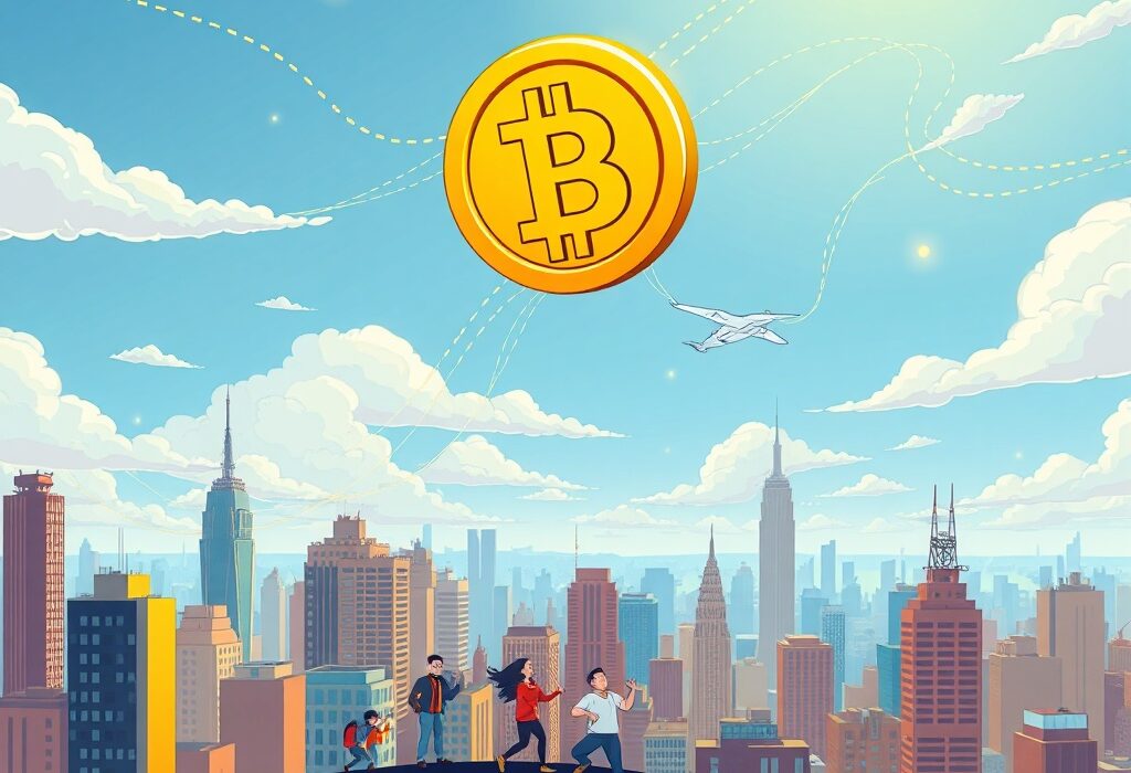 A cartoon illustration showing Bitcoin surging above $114,000, representing a significant market milestone.