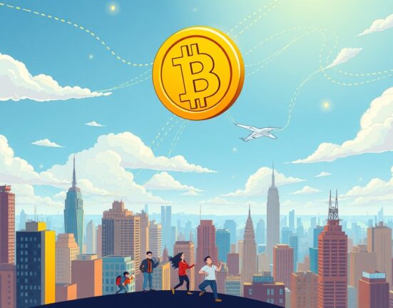 A cartoon illustration showing Bitcoin surging above $114,000, representing a significant market milestone.