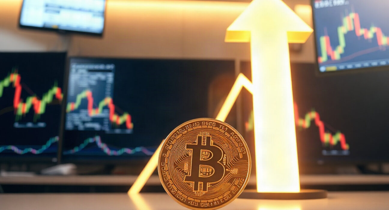 Bitcoin coin with upward arrow and trading charts in background