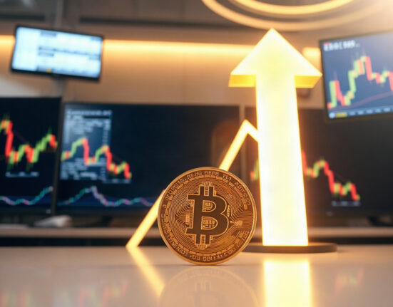 Bitcoin coin with upward arrow and trading charts in background