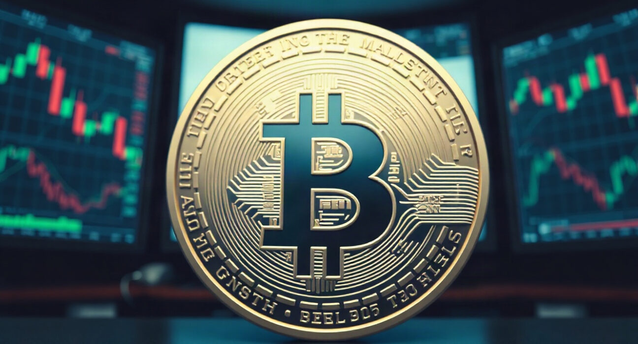 Bitcoin coin in focus with a blurred financial trading floor background, symbolizing market volatility.
