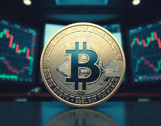 Bitcoin coin in focus with a blurred financial trading floor background, symbolizing market volatility.