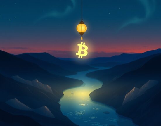 Bitcoin symbol glowing above a digital landscape representing its market surge past $67,000.