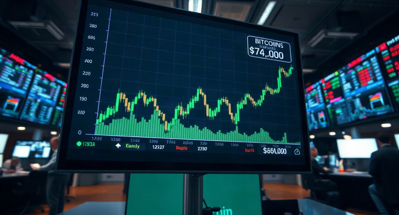 Bitcoin price chart showing upward movement on a trading screen