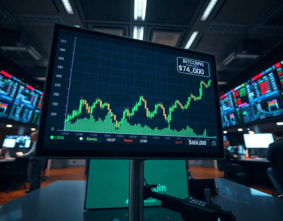 Bitcoin price chart showing upward movement on a trading screen