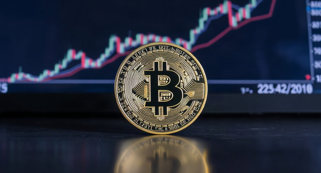 Bitcoin coin on reflective surface with a blurred upward chart in the background, symbolizing a price rally.