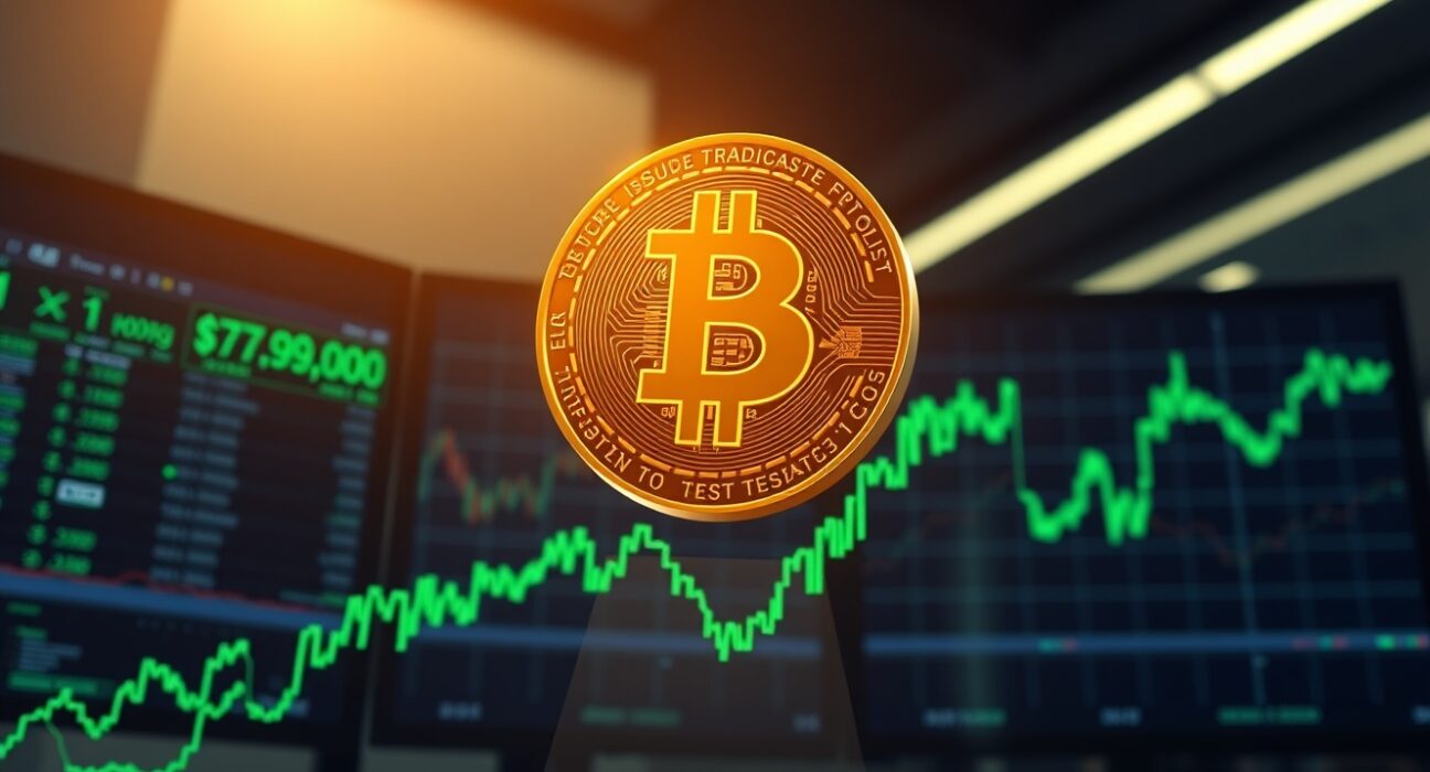 Bitcoin coin rising above digital trading chart with $79,000 price milestone
