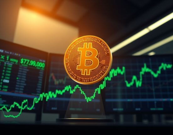 Bitcoin coin rising above digital trading chart with $79,000 price milestone