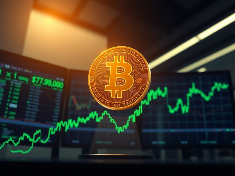 Bitcoin coin rising above digital trading chart with $79,000 price milestone