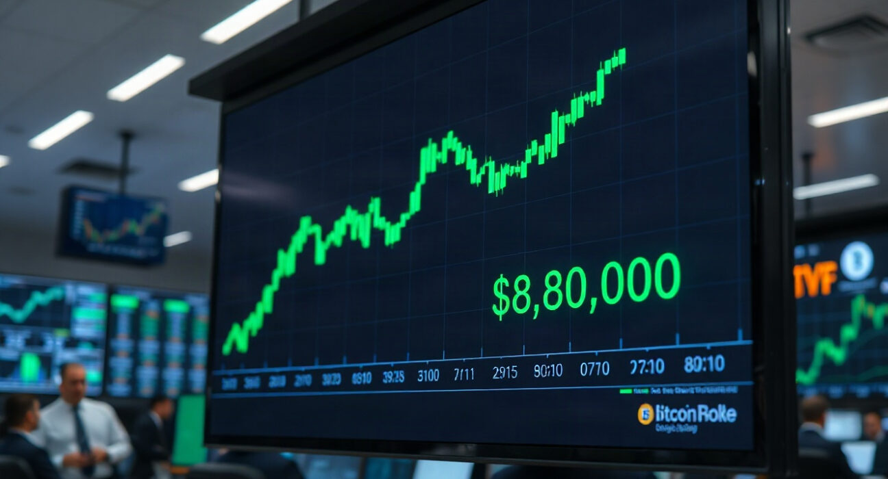 Bitcoin price chart showing a surge past $80,000 on a trading floor screen