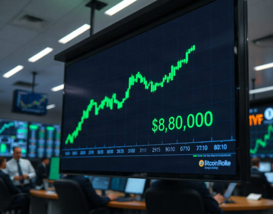 Bitcoin price chart showing a surge past $80,000 on a trading floor screen
