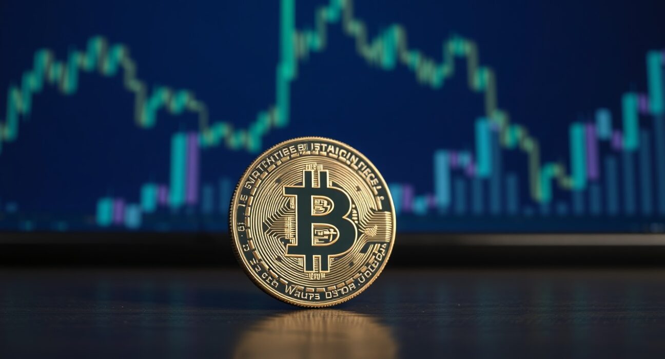 Bitcoin coin on dark wood with blurred stock chart in background