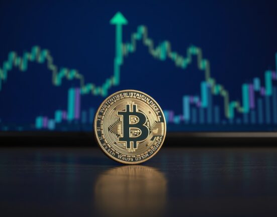 Bitcoin coin on dark wood with blurred stock chart in background