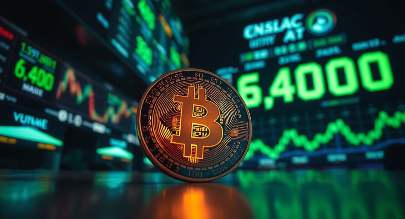 Bitcoin coin in foreground with digital display showing 64,000 in green, representing a price rally.