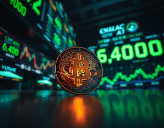 Bitcoin coin in foreground with digital display showing 64,000 in green, representing a price rally.