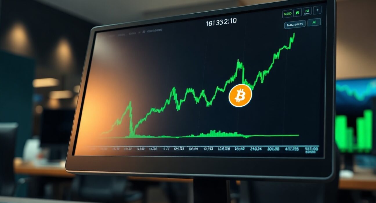 Bitcoin price chart on a monitor showing an upward trend, with a blurred trading desk in the background.