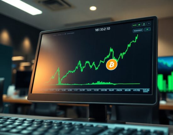 Bitcoin price chart on a monitor showing an upward trend, with a blurred trading desk in the background.