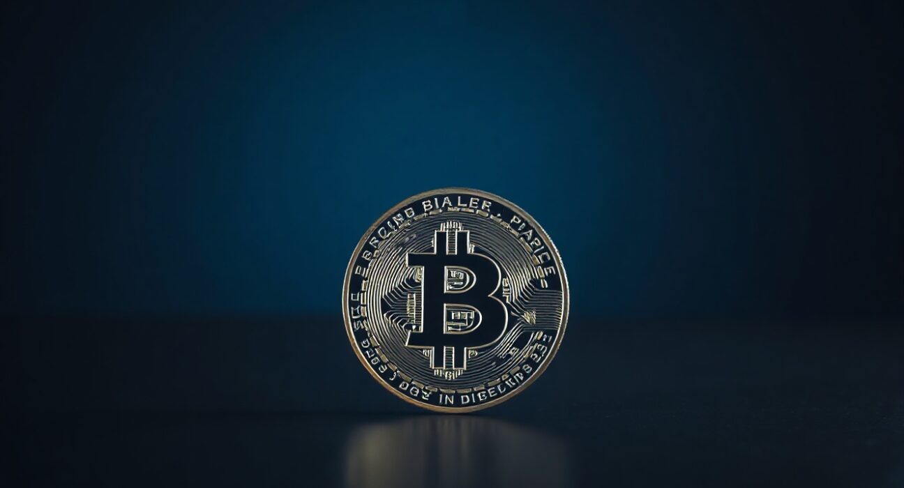 Bitcoin coin on a dark reflective surface, symbolizing a price milestone above $65,000.
