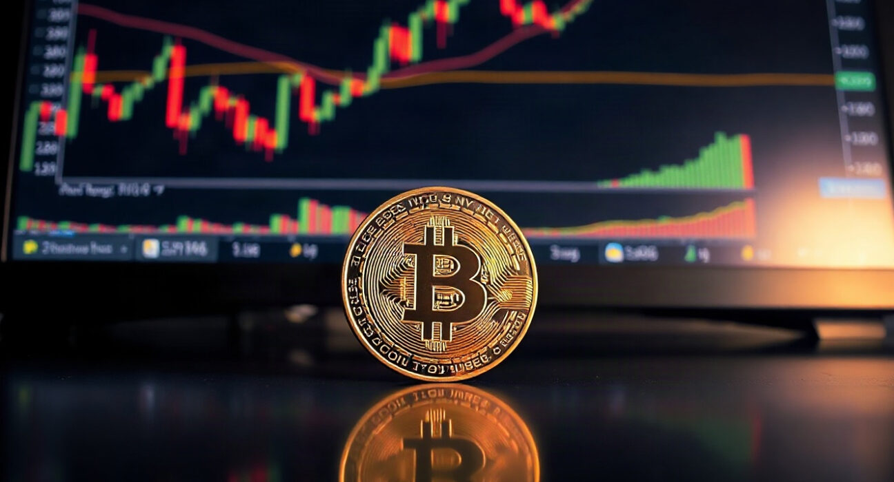 Bitcoin coin in foreground with a blurred trading chart on a screen in the background
