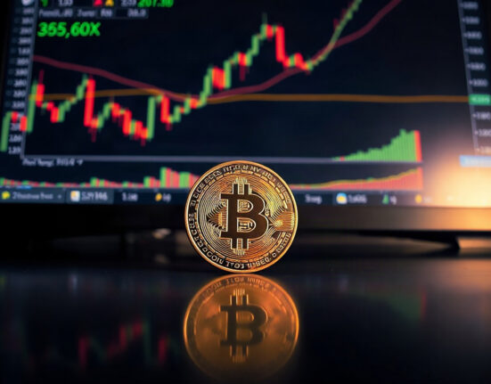 Bitcoin coin in foreground with a blurred trading chart on a screen in the background