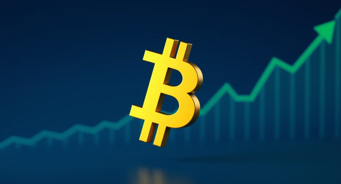Bitcoin symbol rising represents the cryptocurrency surpassing the $70,000 price milestone.