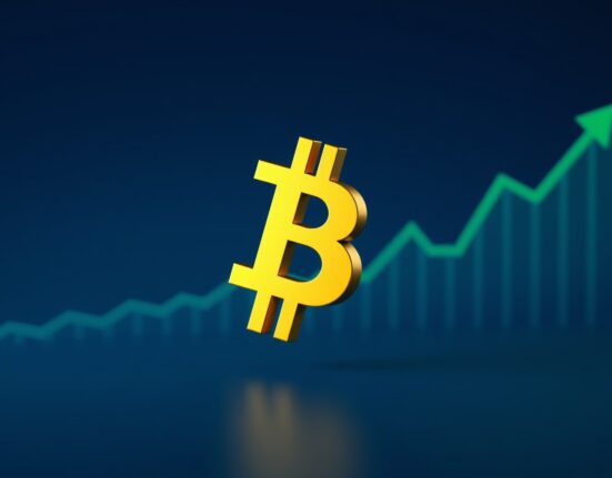 Bitcoin symbol rising represents the cryptocurrency surpassing the $70,000 price milestone.