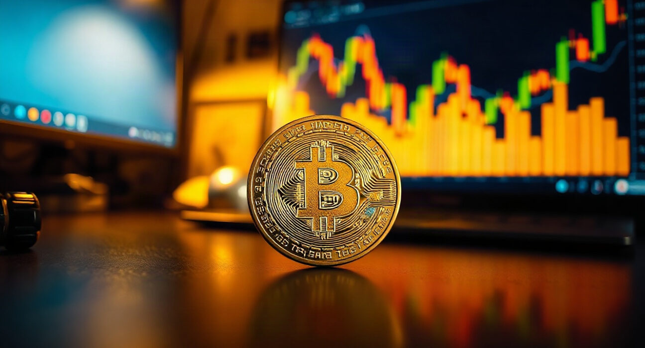 Bitcoin coin on reflective surface with a blurred price chart in the background