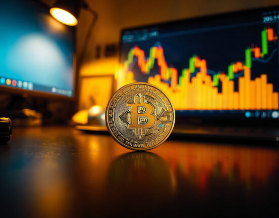 Bitcoin coin on reflective surface with a blurred price chart in the background