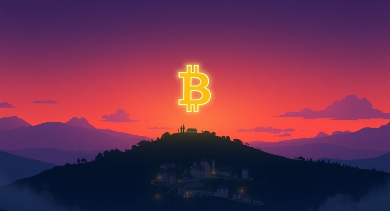 Bitcoin symbol glowing above a village at dusk, representing its rise above $74,000.
