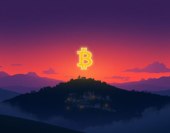 Bitcoin symbol glowing above a village at dusk, representing its rise above $74,000.
