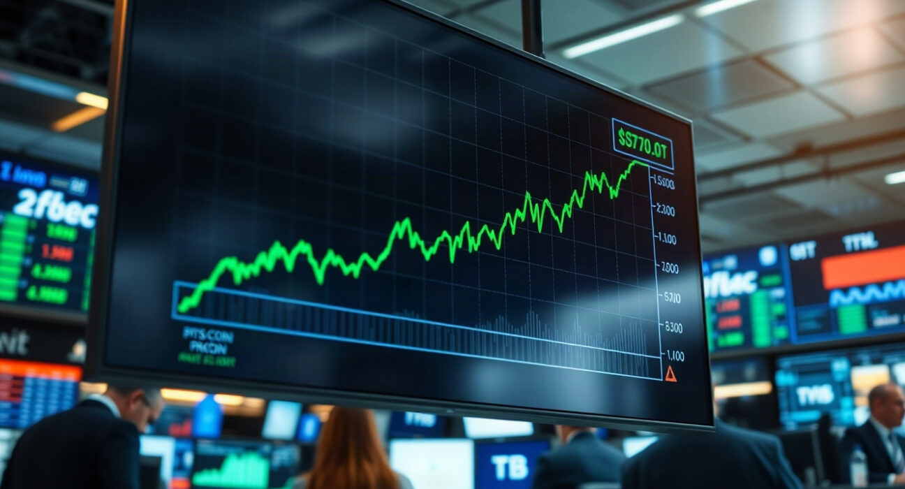 Bitcoin price chart showing a sharp rise above $78,000 on a trading screen