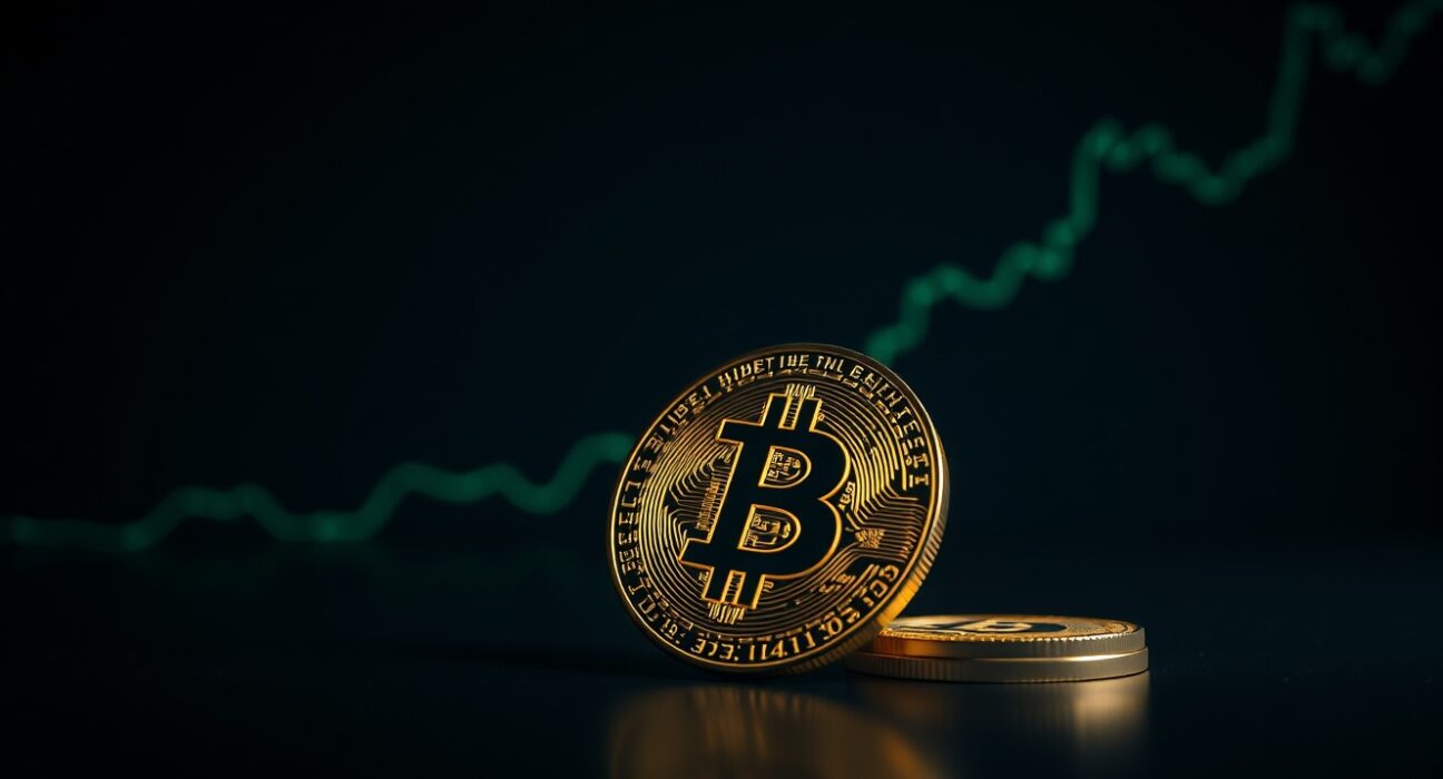 Bitcoin coin on reflective surface with upward trend line, representing price surge above $78,000.