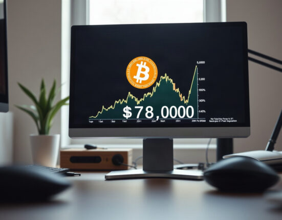 Bitcoin price chart showing an upward trend above $78,000 on a trading screen