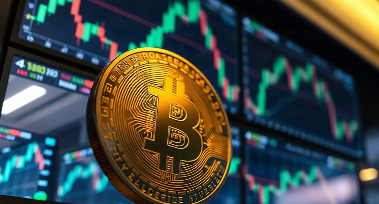 Bitcoin coin in foreground with blurred trading screens showing upward charts