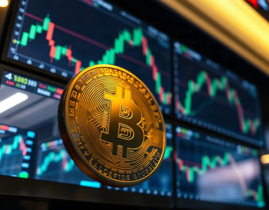 Bitcoin coin in foreground with blurred trading screens showing upward charts