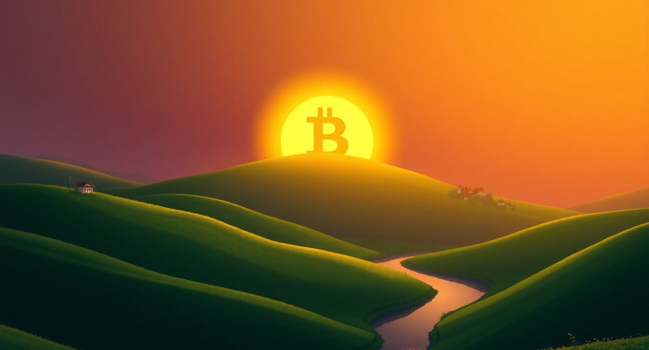 Bitcoin symbol rises like a sun over hills, representing its ascent past $79,000.