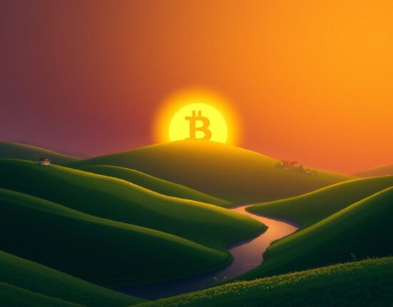 Bitcoin symbol rises like a sun over hills, representing its ascent past $79,000.