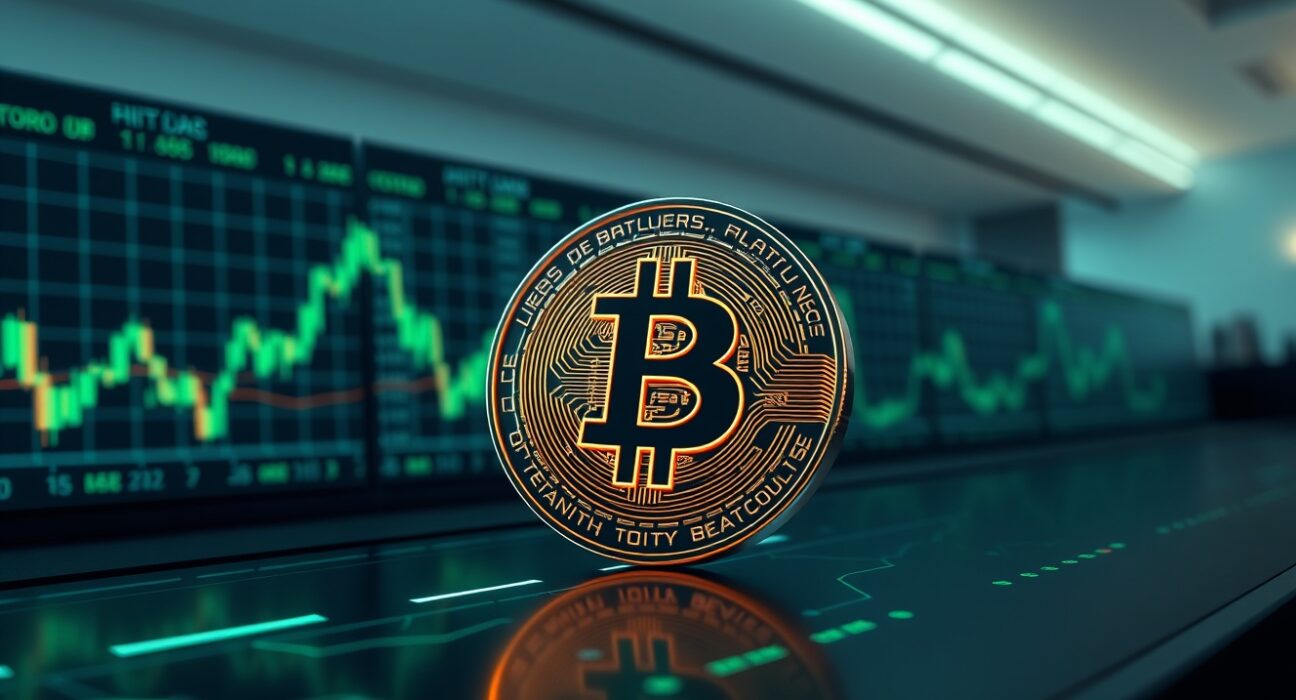 Bitcoin surpasses $80,000 milestone, illustrated with a glowing Bitcoin coin on a trading dashboard showing an upward trend.