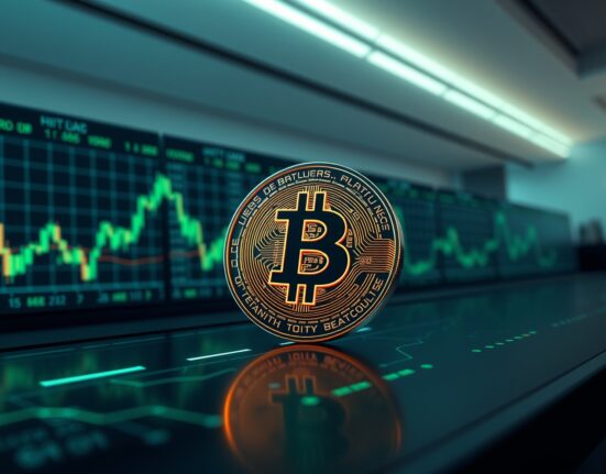 Bitcoin surpasses $80,000 milestone, illustrated with a glowing Bitcoin coin on a trading dashboard showing an upward trend.