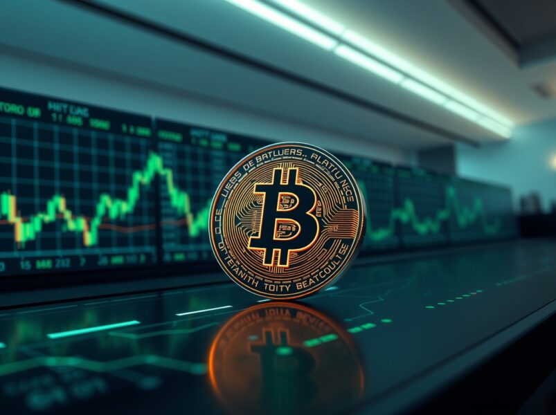 Bitcoin surpasses $80,000 milestone, illustrated with a glowing Bitcoin coin on a trading dashboard showing an upward trend.
